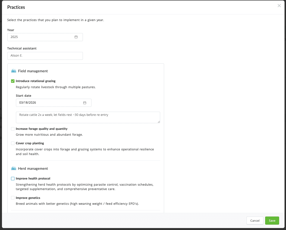 AgriWebb Program Hub - Practice Selection